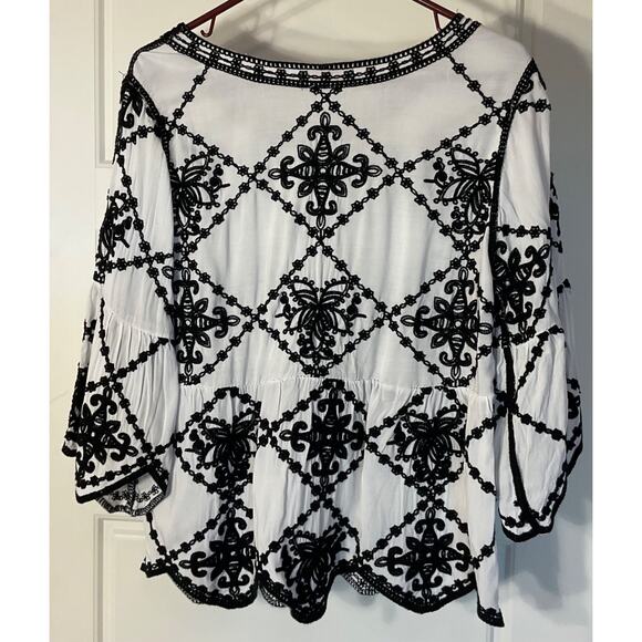 Ana & Rose Black & White Peplum Cropped Boho Artsy Hippy Top Blouse L - Picture 3 of 6